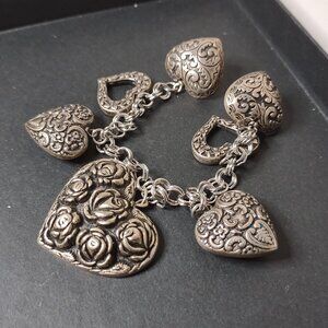 Vintage Silver Tone Hearts And Flowers Charm Pin